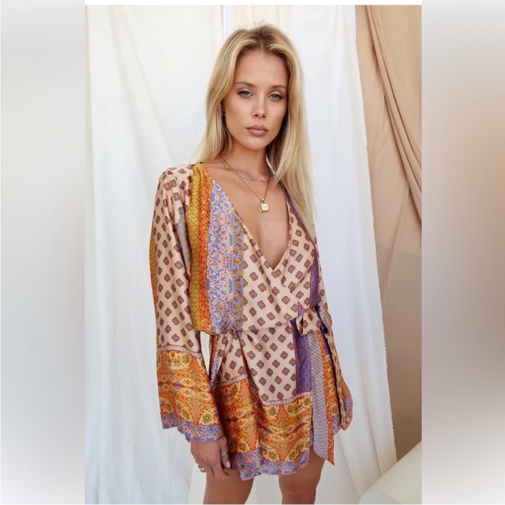 12th Tribe Multi-Color Paisley Mini Dress - Beige, Orange, Purple
